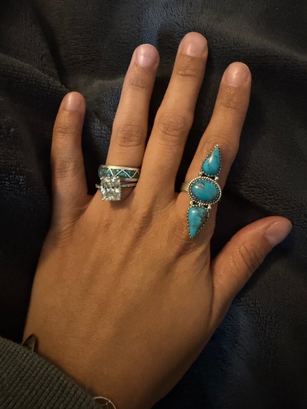 Kingman Turquoise Triple Stone Silver Statement Ring adjustable